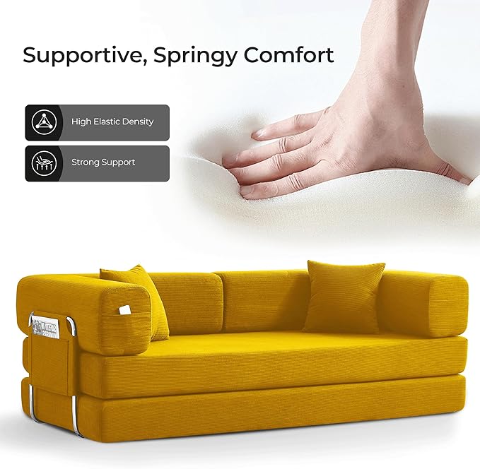 79 Convertible Sofa Bed with Pillows Corduroy Folding Sleeper Sofa with Fixed-Shape Frame Boneless Couch for Living Room Bedroom Floor Sofa Lounge No Assembly Required (A Style-Yellow)