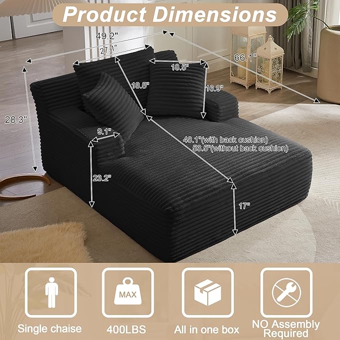 KEIKI 67 Oversized Chaise Lounge Chair Indoor Corduroy Cloud Sofa Couch with Deep Seat &amp Pillows Modern Sleeper Sofa Bed for Dorm Room Student Apartment Lounge No Assembly Required