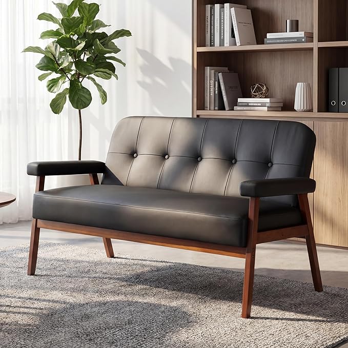STHOUYN 50”W Black Faux Leather Small Office Couch Loveseat Sofa with Wood Arms Mid Century Modern Love Seat Sofas Lounge Armchair Living Room Bedroom (Black (loveseat))