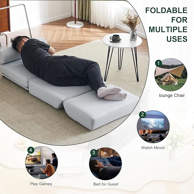 Convertible Chair Bed Sleeper Fold Out Sleeper Chair Modern Style Light Grey-Blue Perfect for Relaxing Sleeping Lounging