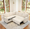 L-Shaped Sectional Sleeper Sofa with Pull Out Bed with Storage 5-Seat Sleeper Couch with USB Charging Convertible Design for Living Room Apartment Corduroy Fabric (Beige)
