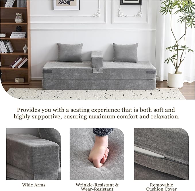 MELLCOM 79 Convertible Folding Sofa Bed Queen Sleeper Sofa Couch with Armrest and Pillows Chenille Fold Out Floor Chaise Lounge Comfy Foldable Futon Mattress for Living Room Bedroom (Grey 7.87)