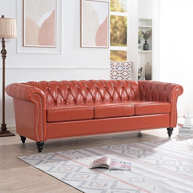 GDFStudio 85 Tufted Button Chesterfield Sofa with Deep Seat Cushions Rolled Arms &amp Accent Strip Midcentury Modern 3-Seater Upholstered Sofa Couch for Living Room Classic Furniture Orange + PU
