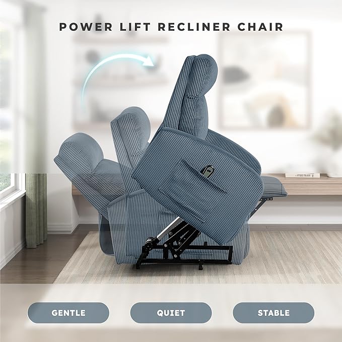 Lexicon Power Lift Recliner Chair for Elderly with Remote Control Gentle Lift Motion Side Pocket Armrest Corduroy Upholstered Electric Recliner for Living Room/Bedroom Easy Assembly Midnight Blue