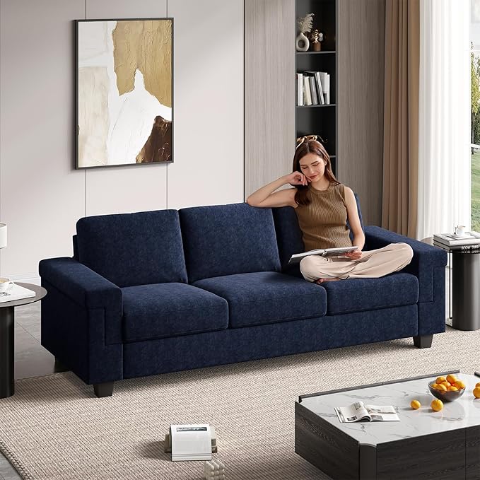 3 Seater Sofa Couch with Deep Seat 90 Modern Upholstered Sofa with Armrests Easy Installation Comfy Couches for Living Room Apartment Blue