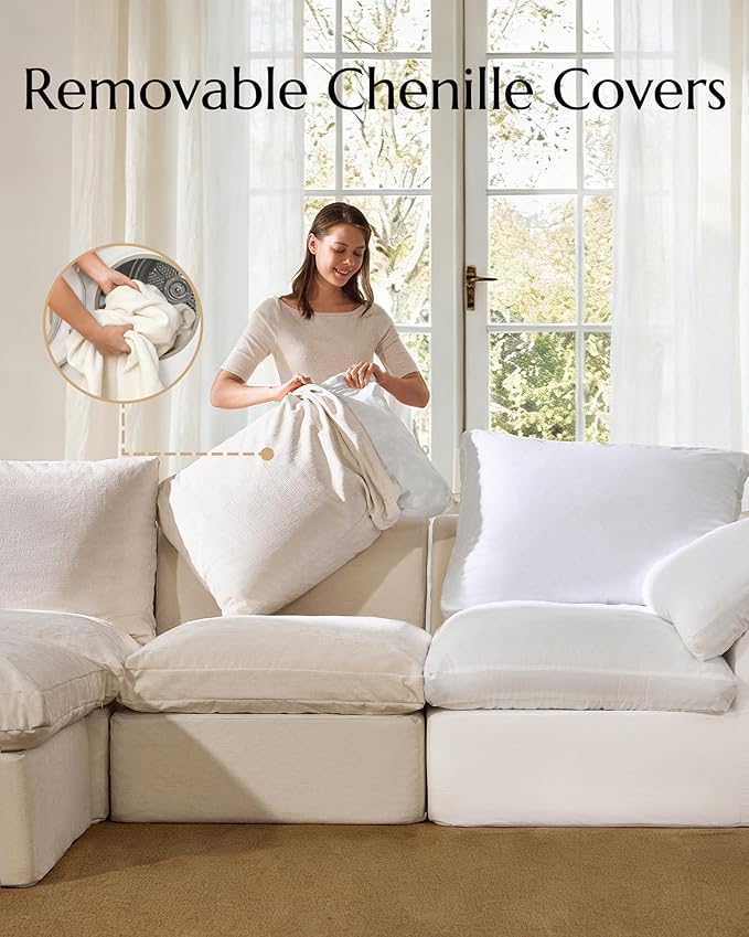 High Back Boneless Cloud Couch Luxury Chenille Modular Cloud Sofa No Assembly Boneless Couch with Removable Covers No Assembly Two Middle Modules Warm White
