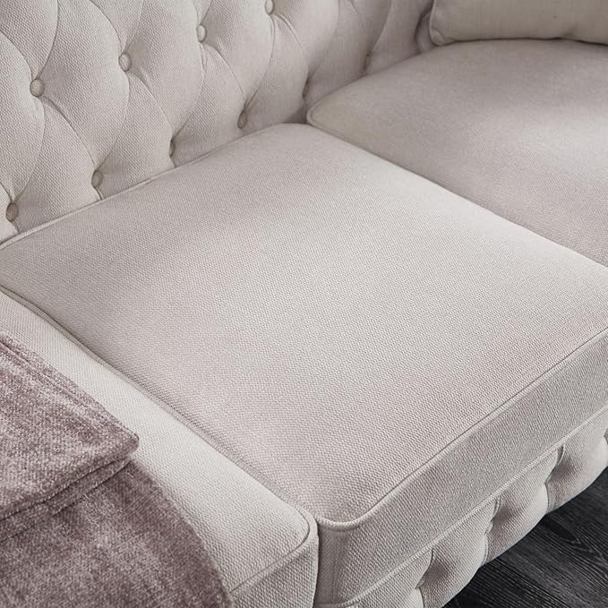 KEVINSPACE 88.5 Modern Sofa Couch for Living Room 3 Seater SectionalSofa Couch Comfy Linen FabricSofa Button Tufted Cushions Rolled Arms Wood Legs Chesterfield Sofa for Small Spaces Beige