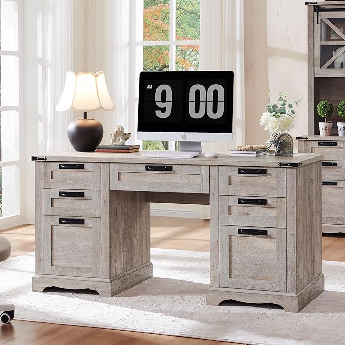 RedLemon 60 Farmhouse Executive Desk with Drawers Wood Home Office Desk w/Charging Station Keyboard Tray File Drawer Storage Cabinet Rustic Computer Writing Desk (Light Rustic Oak)