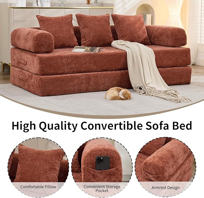 4 in-1 Folding Convertible Sofa Bed78.8 Folding Floor Mattress Couch Comfy Chenille Boneless Couch Lounge Loveseat with Pull Out Bed No Assembly (Orange)