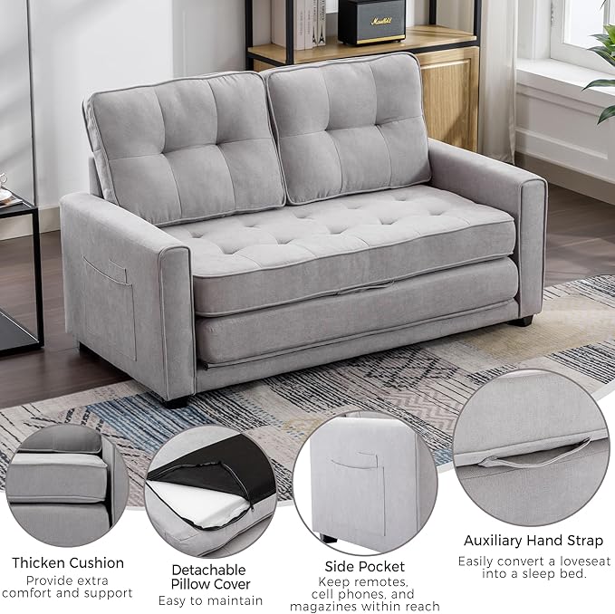ERYE 3 Fold Tufted Upholstered Futon Sofa Bed Modern Convertible Foldable Floor Loveseat Sofabed with Pull Out Sleeper Couch Daybed W/Side Pockets for Living Room