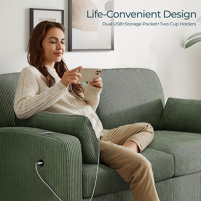LINSY HOME Pull Out Sofa Bed - Convertible Loveseat Sleeper Sofa Upgraded Bed Frame Pullout Couch - USB Charging &amp Cup Holders Corduroy Sofa Bed for Living Room Small Space Queen Size (Green)
