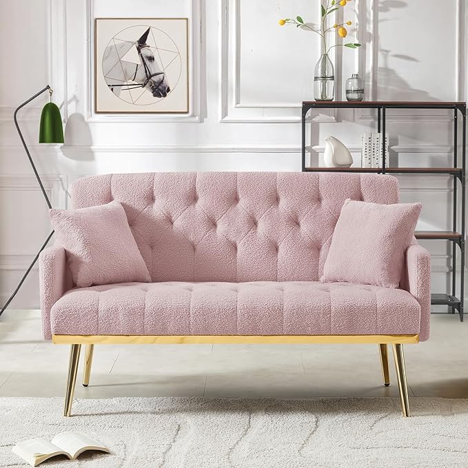 Upholstered Loveseat Sofa Modern Small Couch with Side Pocket and Golden Metal Legs Tufted Leisure Sofa for Living Room Bedroom Office Pink Teddy