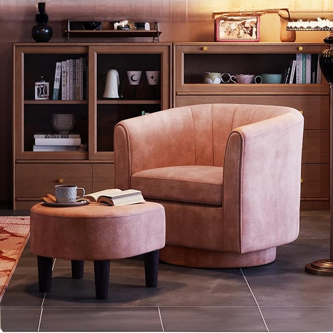 LINSY Swivel Accent Chair with Ottoman - Small Barrel Chair 360 Swivel Modern Armchair Upholstered Reading Chair with Footrest for Living Room Bedroom Study Room Velvet (Pink)