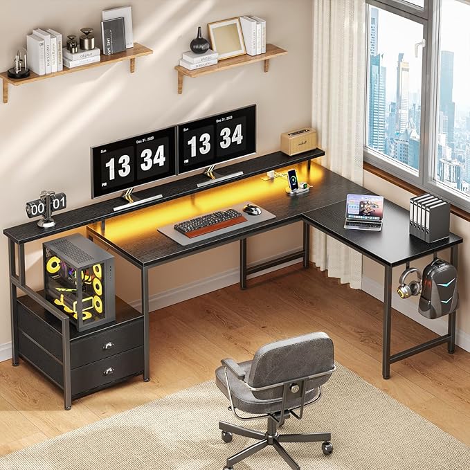 Furologee 66 L Shaped Gaming Desk with Power Outlet &amp LED Lights Reversible Corner Computer Desk with 2 Drawers &amp Storage Shelves for Home Office Large PC Table with Monitor Stand Black