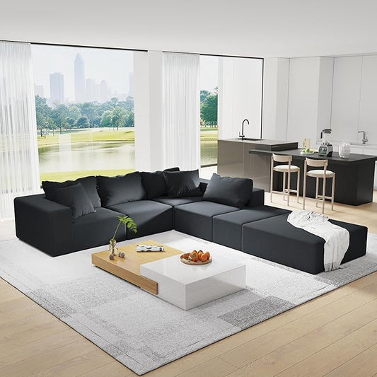 KEIKI Sectional Sofa Couch Set Modular 132 L Shaped Couch Set with 6 Pillows Free Combination Upholstered Sofa Couch for Living Room Bedroom Black