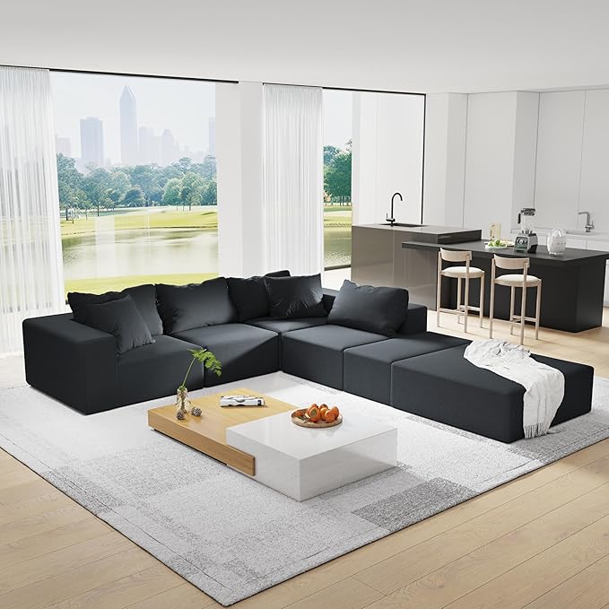 Modern Upholstered Sectional Sofa Couch Set 132” Modular L-Shaped Sectional Sofa Set with 6 Pillows Free Combination Couch for Living Room Bedroom No Needed Assembly Black