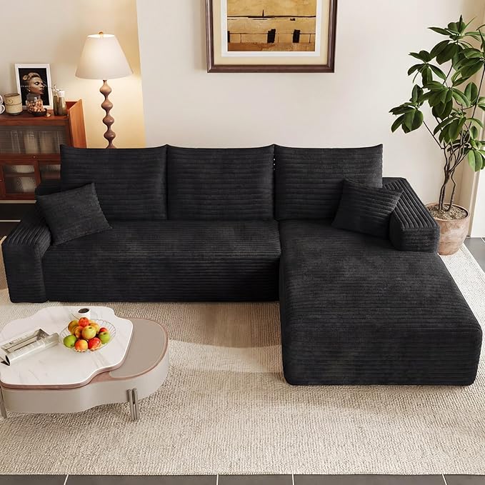 95 Modular Sectional Couch Boneless L Shaped Cloud Sofa with Chaise Lounge Corduroy Upholstered Couches Memory Foam Deep Seat No Assembly Required Ideal for Living Room(Black Right Facing)