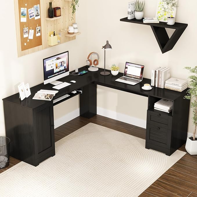 Tangkula 66” x 66” L-Shaped Office Desk with Power Outlets Modern Home Office Computer Desk with 2 Drawers Cabinet Adjustable Shelf &amp Keyboard Tray Corner Executive Desk for Working Writing