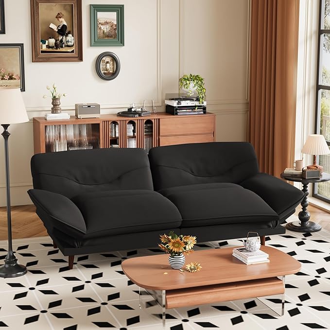 JUMMICO Convertible Futon Sofa Bed Sleeper Futon Couch with Adjustable Backrest and Armrests Modern Loveseat with Sturdy Wood Frame for Small Spaces Apartments (Fabric Black)