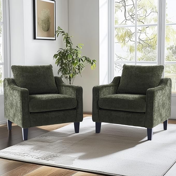 FLEXISPOT AC2 Mid Century Modern Accent Chair Chenille Upholstered Armchair with Padded Back &amp Removable Cover Comfy Reading Chair for Bedroom Living Room Chairs for Adults Small Spaces (Green