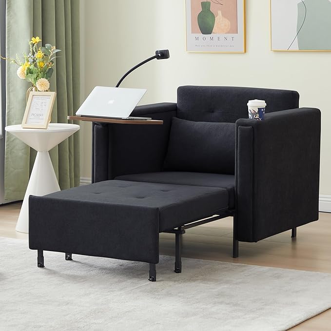 ORRD Pull Out Sofa Chair Bed 2-in-1 Multi-Functional Sleeper Couch Small Loveseat Bed with Hidden Side Table Phone Holder and Cup Holder for Living Room Small Space Apartment (Black)
