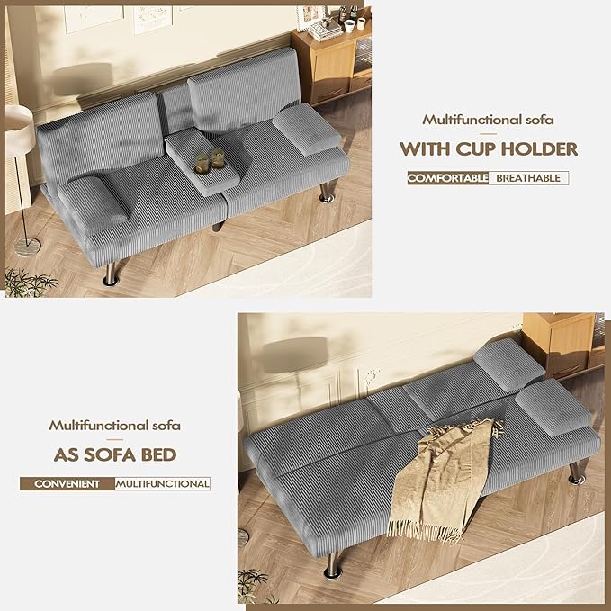Homall Futon Sofa Bed Futon Couch with Removable Armrests Adjustable Recliner Sleeper Sofa Bed with Dual Cup Holders for Living Room Apartment Office (Corduroy Grey)