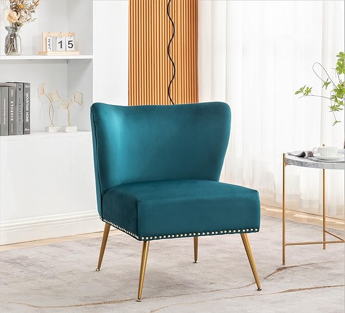 Thia Armless Velvet Accent Chair for Living Room Elegant Seat with Nailhead Trim Gold Metal Legs and Comfortable Curved Back 28 D x 25 W x 29.5 H Bluish Green