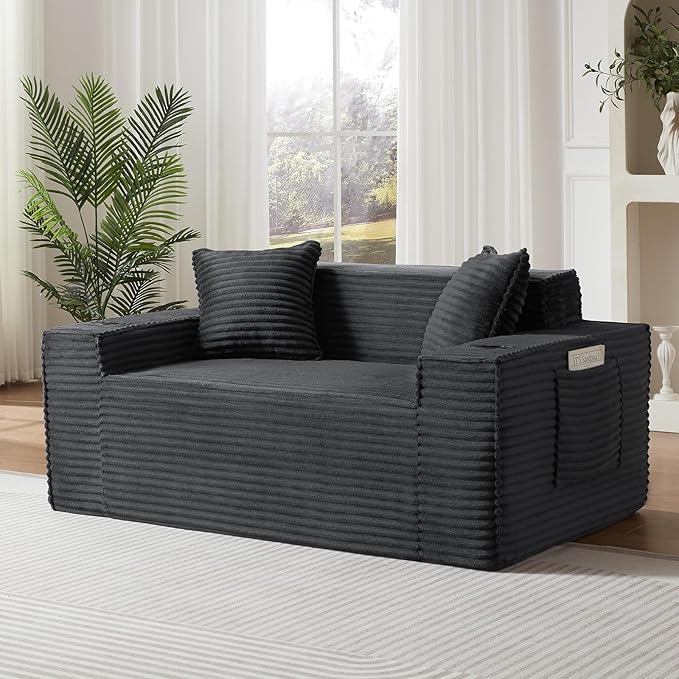 Cloud Loveseat Sofa Small Couch Boneless Couch with Cup Holders &amp Side Pocket Comfy Foam Bean Bag Sofa Chair Modern Fluffy Couches for Living Room Bedroom Small Space No Assembly(Grey 61.02
