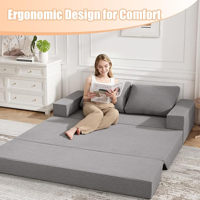 COMAX Convertible Sofa Bed Queen Corduroy Folding Floor Couch Pull Out Couch Bed Futon Sleeper with Pillows Fold Out Boneless Sofa Comfy Lounge Mattress Loveseat for Living Room Bedroom Light Grey