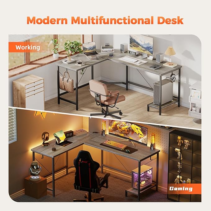 Mericonia 66 inch Large L Shaped Desk Simple Corner Gaming Desk with CPU Stand &amp Hooks Computer Desk for Home Bedroom &amp Office Workspace Grey