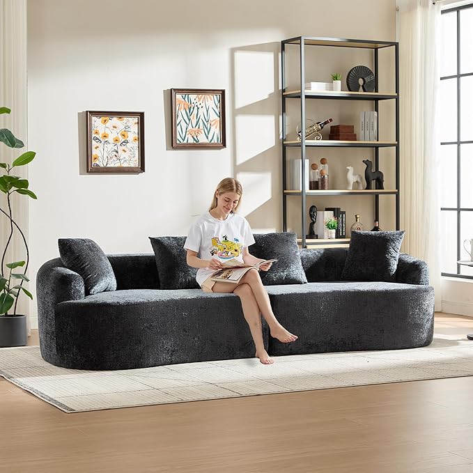 Curved Sectional Couch 110 Chenille Cloud Sofa with 4 Pillows 4-Seater Sleeper Sofa for Living Room Apartment Full Compression Sponge (Black 110 Inch)