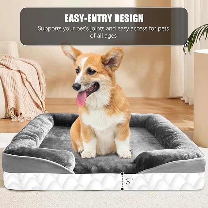 Orthopedic Dog Bed with Sides - Dog Sofa Beds for Medium Dogs Supportive Foam Pet Couch Bed with Washable Removable Cover Waterproof Lining and Non-Slip Bottom Grey - M