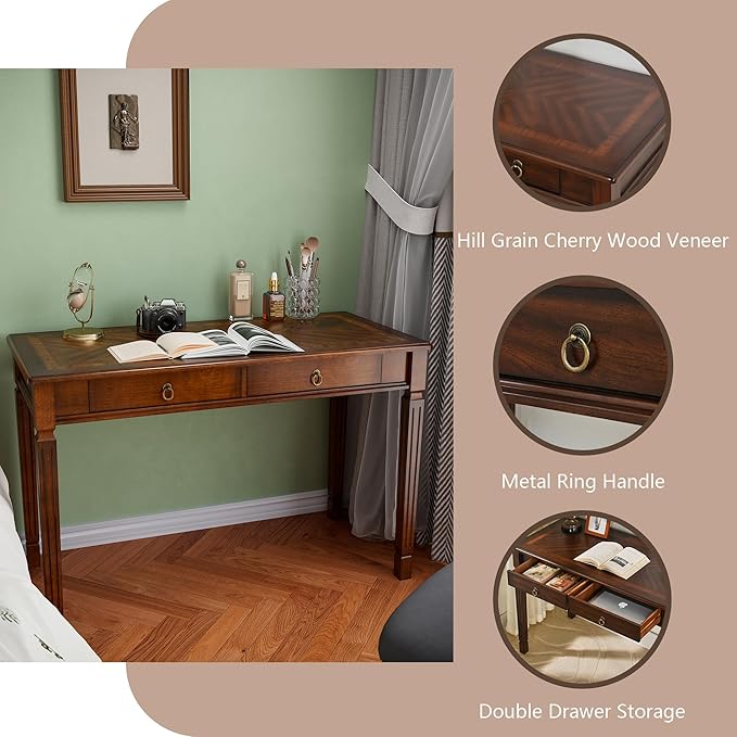 Solid Wood Makeup Vanity Table Set 46.1 Large Dressing Vanity Table with 2 Drawers and Vanity Bench Stool Writing Desk with Solid Wood Legs &amp Button Tufted Cushioned Stool Cherry&ampLight Brow