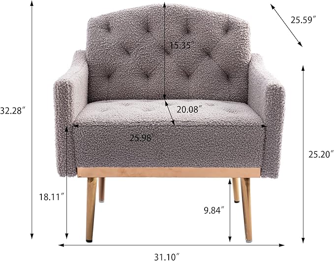 Modern Teddy Fabric Accent ChairUpholstered Button-Tufted Single SofaComfy Armchair Chair with Rose Golden Legsfor Living Room Bedroom Home Office (Grey)