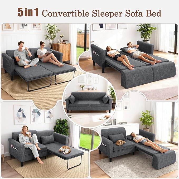 SEJOV 74 Convertible Sofa Bed 5-in-1 Loveseat Sleeper Sofas with Pull Out Couch Bed Storage Pockets &amp 2 Pillows Modern Folding Linen Futon Couch for Living Room Bedroom Small Space Dark Gra