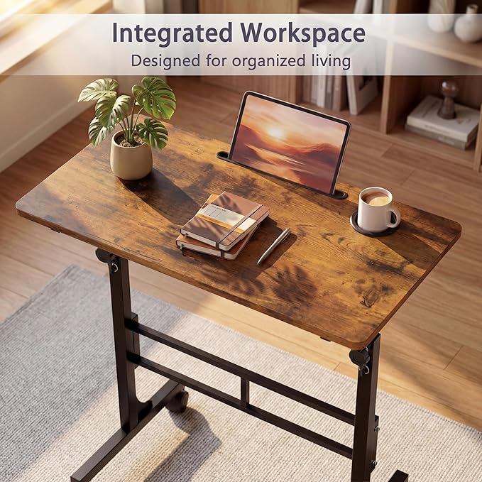YESHOMY Standing Desk Adjustable Height 32 Inch Small Portable Rolling Desk with Wheels Cup Holder Tablet Upright Groove for Office Sofa Bedroom Rustic Brown