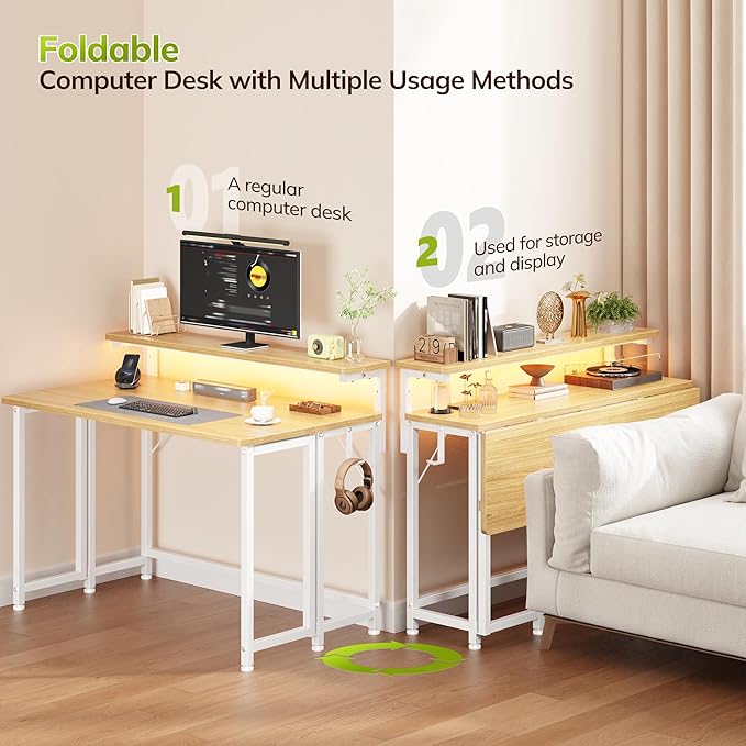 Folding Desk for Small SpaceFoldable Computer Desk with Monitor Stand31.5 Inch Small Desk with LED Lights for Bedroom Home OfficeWriting Work Office Computer Desk with HooksOak