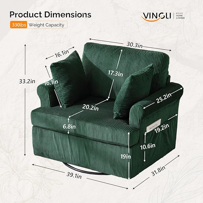 VINGL 39.2 Wide 360° Swivel Accent Armchairs with Pillows Set of 2 Oversized Single Sofas Chair and a Half with Side Pockets and Wide armrest for Living Room Bedroom Reading Room Corduroy Green
