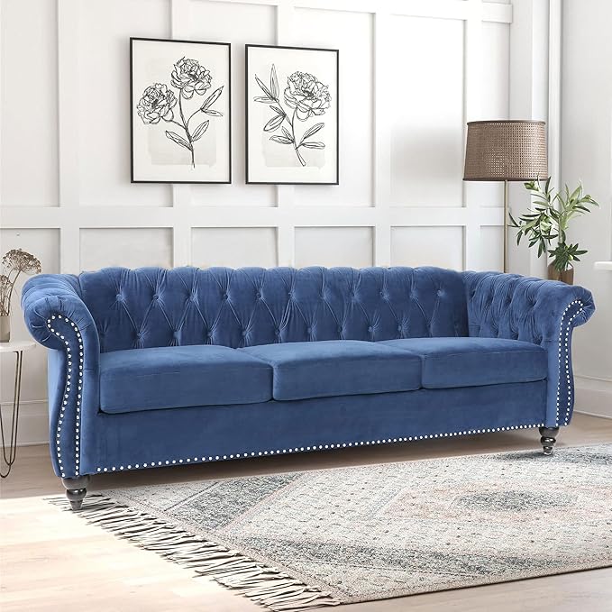 Chesterfield Sofa Modern Velvet Tufted Couch 3 Seater with Scroll Arms and Nailhead for Living Room Bedroom Office Apartment (Blue)