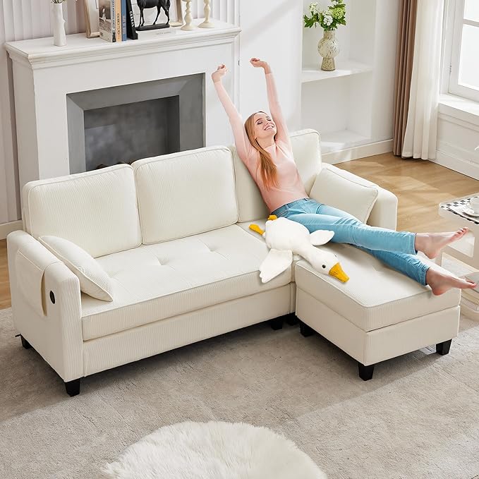 Grepatio Sectional Sofa Couch 80 L Shaped Convertible Sofa with 2 Pockets &amp USB Ports 3-Seater Comfy Cloud Modular Couches with Movable Storage Ottom for Living Room Apartment Small Space (Be