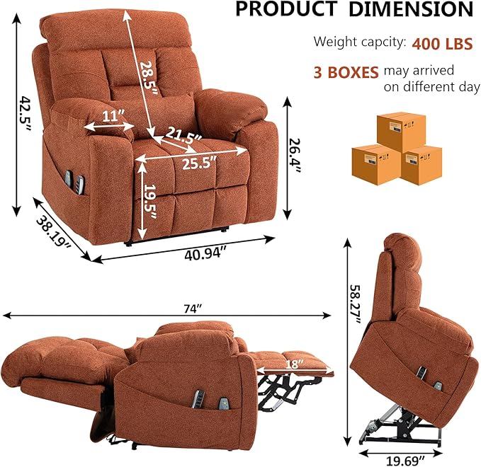 4 Motor Power Lift Recliner Chair for Elderly 400LBS Big Man Oversized Lay Flat Recliner with Massage Heat Zero Gravity Electric Lift Chair Adjustable Headrest Cup Holders Orange