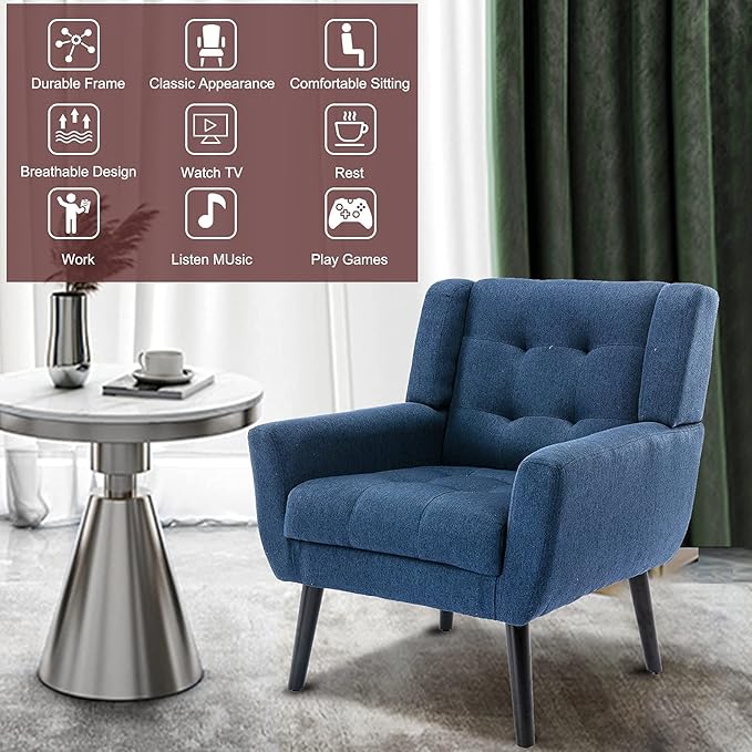 SSLine Linen Accent Arm ChairMid-Century Modern Upholstered Wingback Single Sofa Armchair Club Chair with Solid Wood Legs Thick Cushion for BedroomReadingLiving Room Chair (Blue)