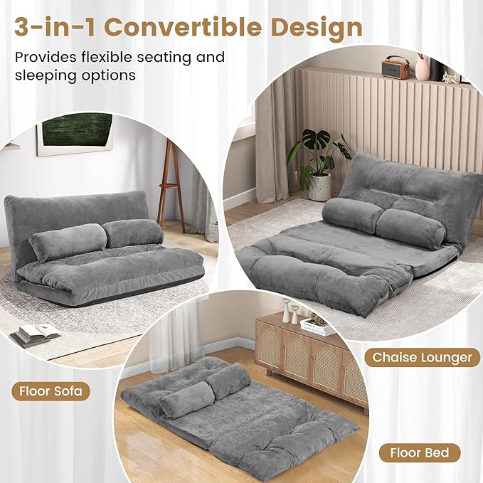 KOMFOTT Foldable Floor Lazy Sofa with 2 Pillows 6-Position Adjustable Reclining Sofa Sleeper Bed Convertible Futon Couch Bed Floor Couch Lounge for Relaxing Reading Playing Gaming (Grey)