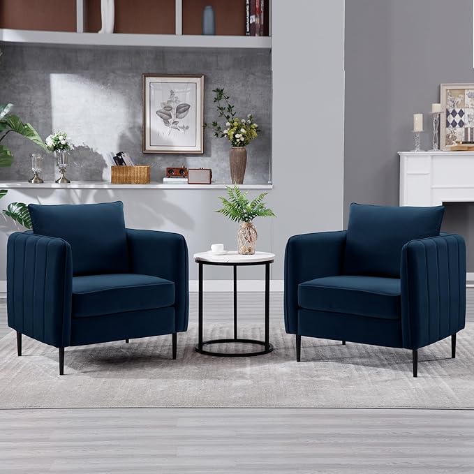 Velvet Accent Chair Comfy Upholstered Armchair Living Room Single Reading Chair with Metal Legs for Living Room Bedroom Office (Navy Chair)