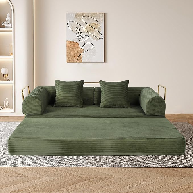 Foldable Sofa Bed 75 Inch Boneless Couch Convertible Memory Foam Sleeper Sofabed Floor Mattress with 2 Pillows Microfiber Cloud Sofa for Living Room Apartment No Assembly (Green)