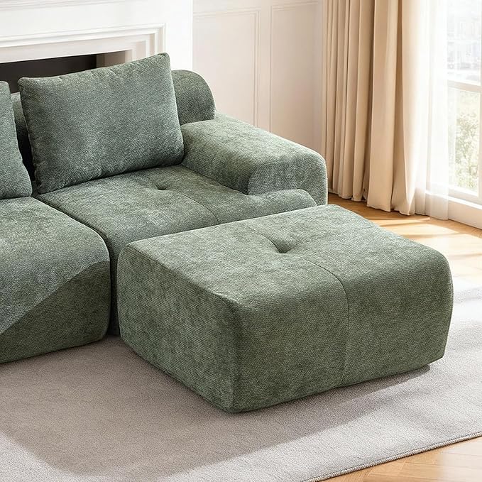 Large Ottoman 37 Inch Rectangle Footrest for Couch with Memory Foam and Chenille Upholstered Plush Floor Seating and Coffee Table for Living Room No Assembly Required Green