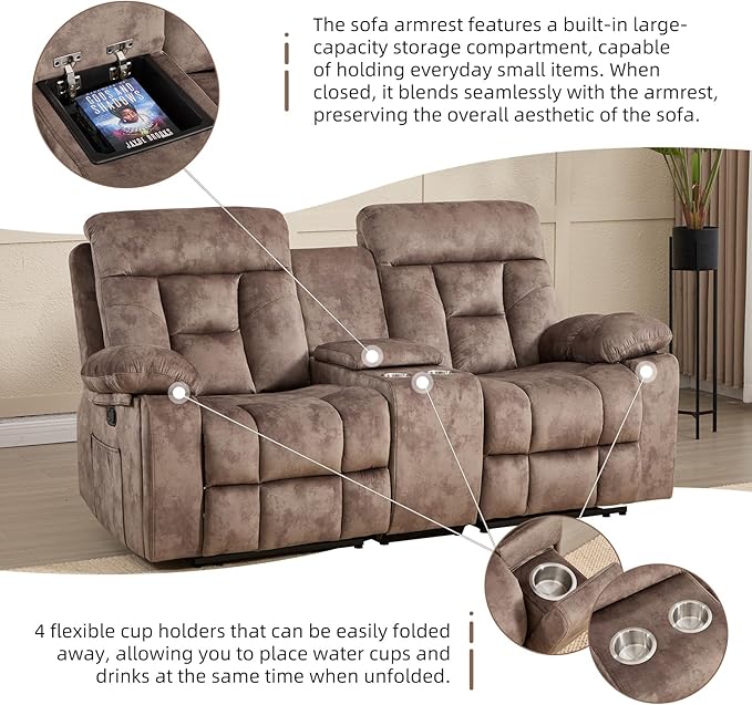 CANMOV Loveseat Recliner Manual Recliner Sofa Chair for Living Room Reclining Sofa with Storage ConsoleHidden Cup Holders 2 Seat Camel-Brown