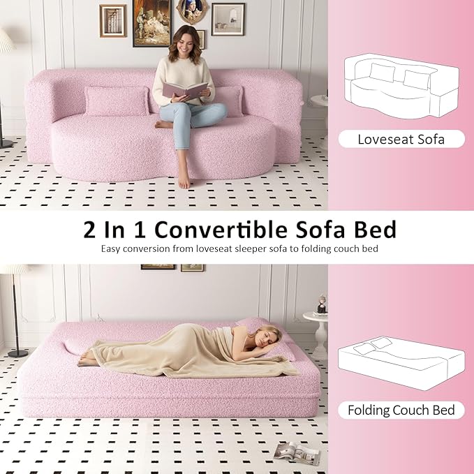 Folding Foam Sofa Bed15 Full Size Floor CouchConvertible Teddy Fabric Foam-Filled Sleeper Futon Loveseat Couch for Living Room Guest Use Office Apartmen (Pink)