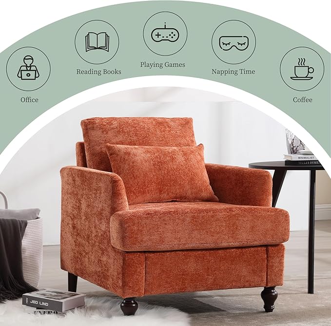 Modern Accent Chair Living Room Upholstered Chenille Armchair with Waist Pillow Single Sofa for Living Room Bedroom Office Orange