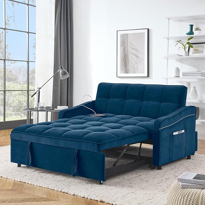 Sleeper Sofa Couch with Type C USB Port 3 in 1 Modern Comfy Velvet Convertible Loveseat Sofa w/Pull Out Bed Curved Armrest for Small Space Livingroom Apartment Office Blue